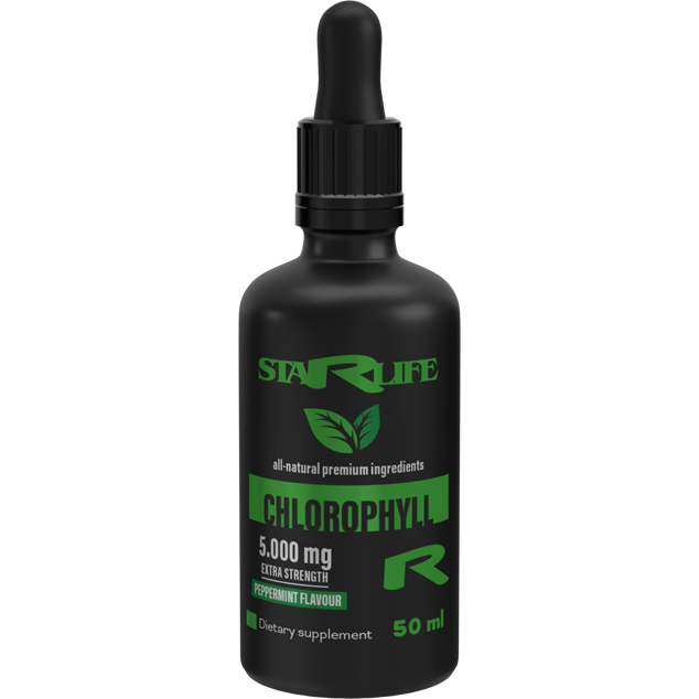 Schwarze Flasche „Chlorophyll R“ mit 5.000 mg und Pfefferminzgeschmack – natürliche Unterstützung für Entgiftung und Energie.