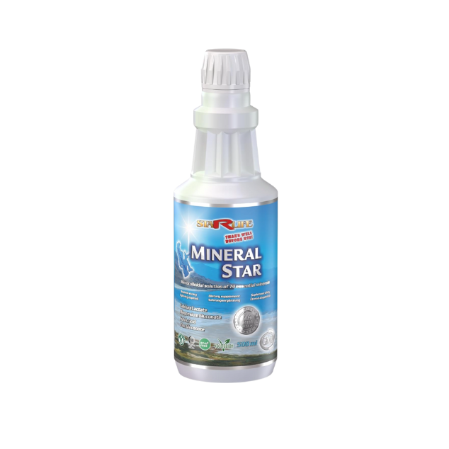 Weiße Flasche „Mineral Star“ von StarLife – Flüssigsupplement mit 74 Mineralien und Spurenelementen für optimale Zellfunktion